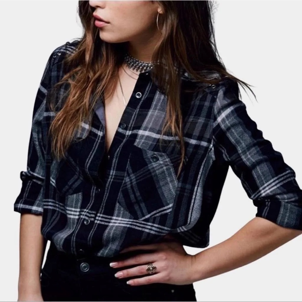 Free People Plaid Button Down Shirt Oversized Xs